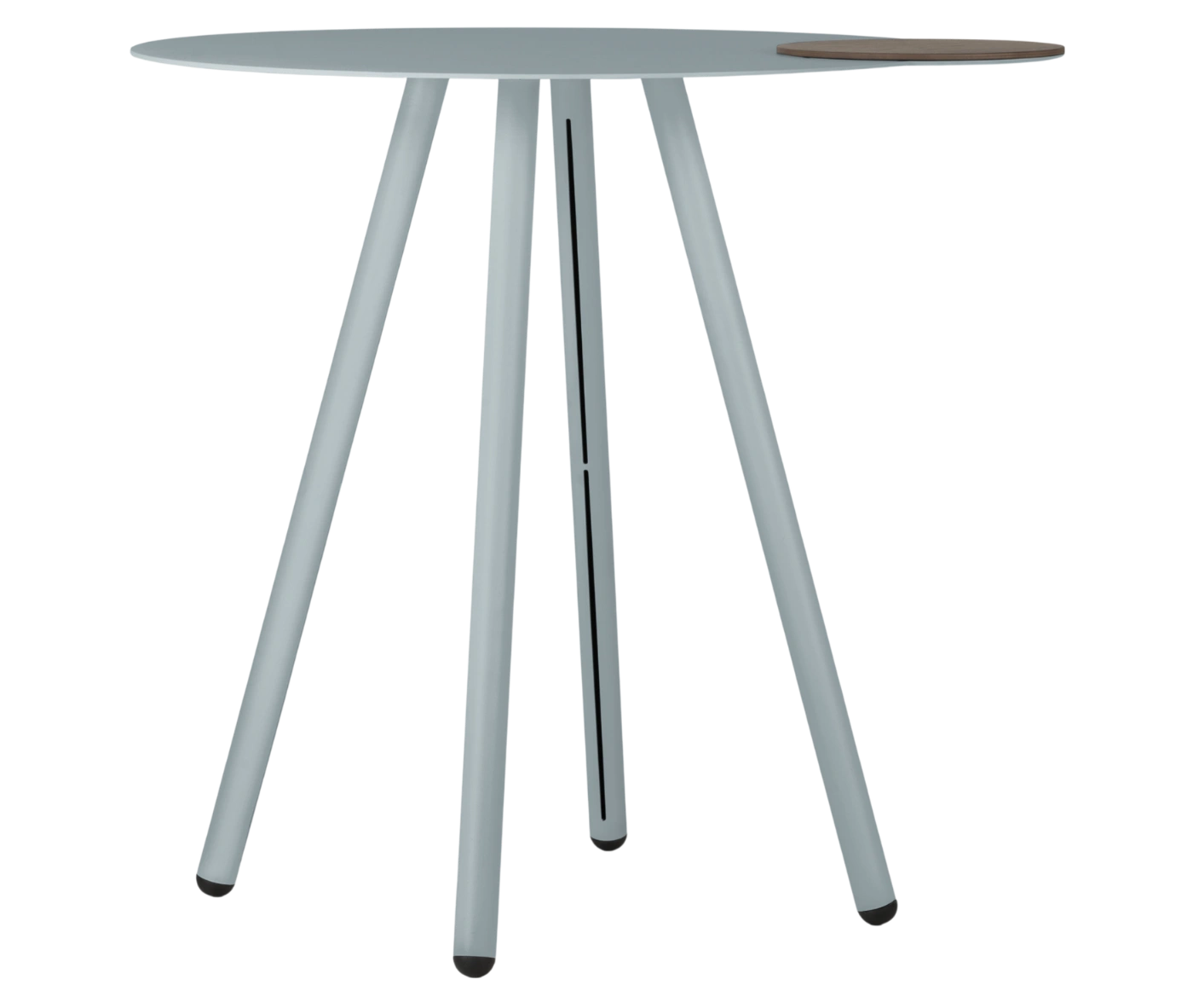 True Cloud round table, front view, with a light blue finish, a dark timber removable accent, and slim angled legs.