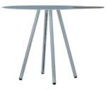True Cloud wide round tabletop, front view, light blue finish, with dark timber removable accent, and slim angled legs.