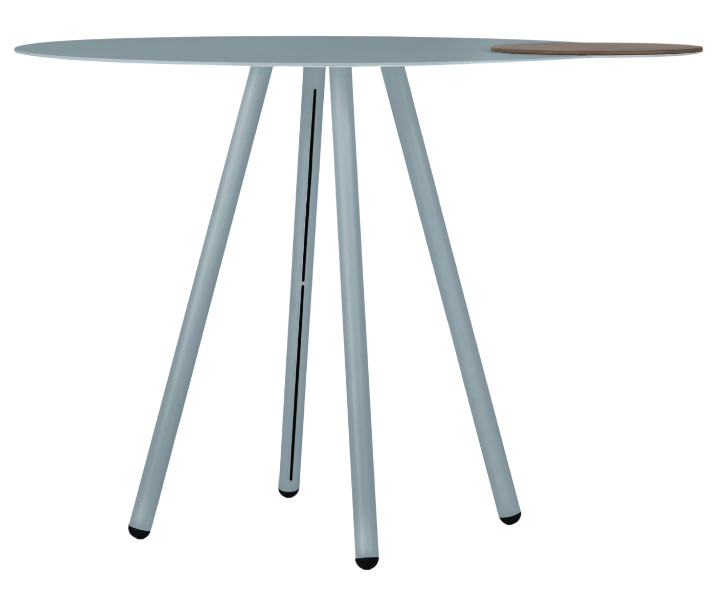 True Cloud wide round tabletop, front view, light blue finish, with dark timber removable accent, and slim angled legs.