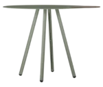 True Cloud wide round tabletop, sage green finish, with dark timber removable accent, and slim angled legs.
