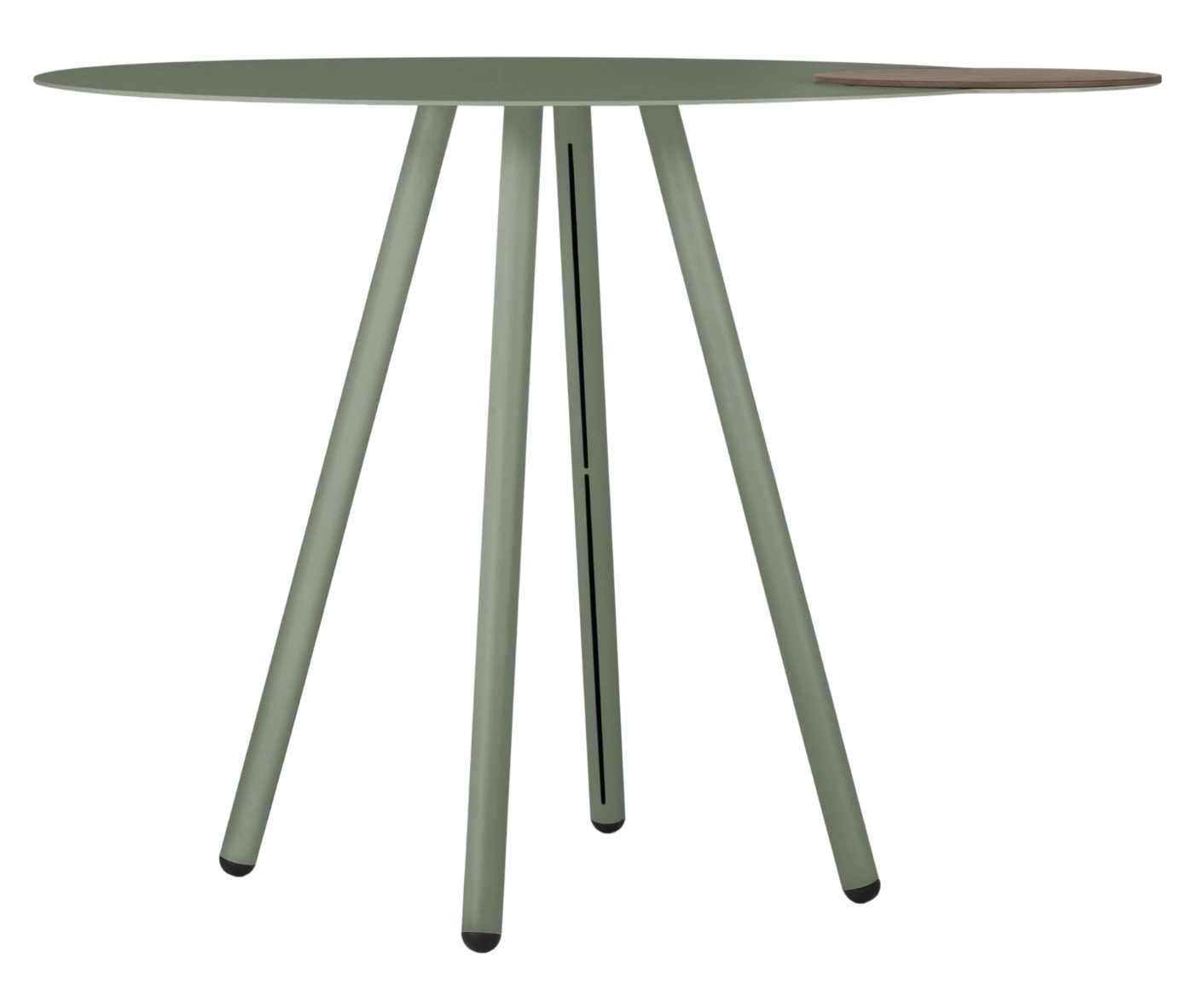 True Cloud wide round tabletop, sage green finish, with dark timber removable accent, and slim angled legs.
