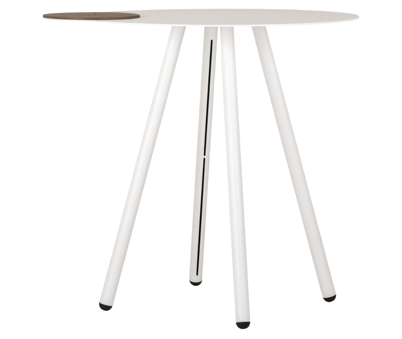 True Cloud round table with a white tabletop, a removable timber accent, and slim angled legs.