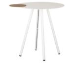 True Cloud round table, front view with a white tabletop, a removable timber accent, and slim angled legs.
