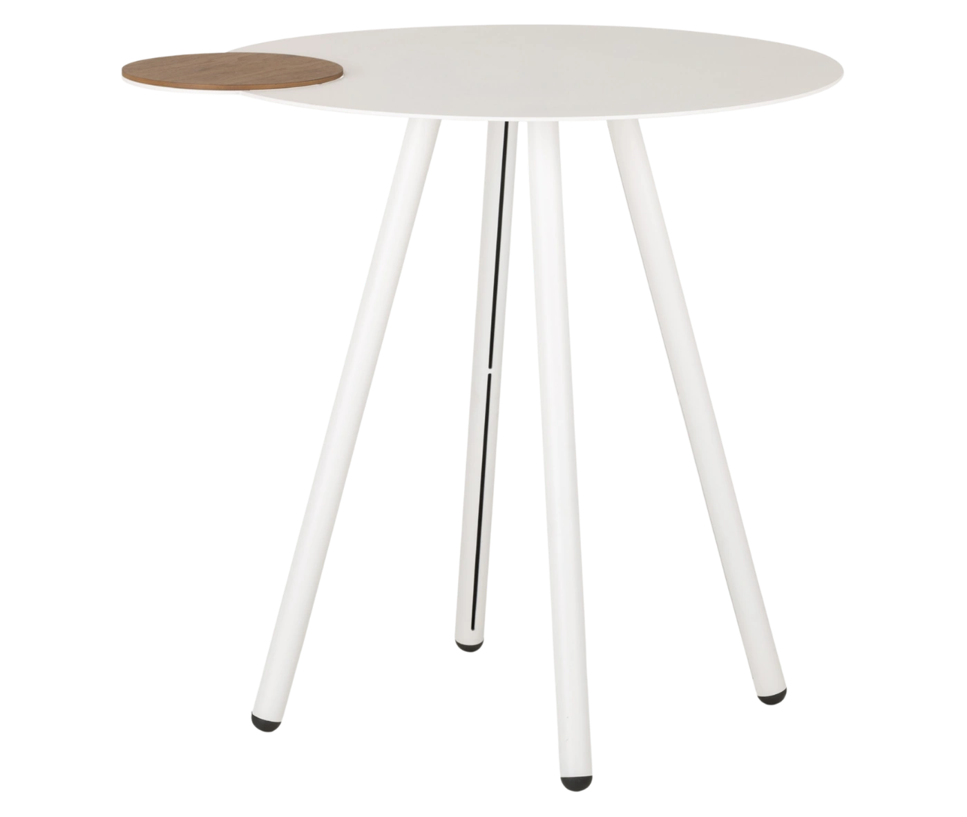 True Cloud round table, front view with a white tabletop, a removable timber accent, and slim angled legs.