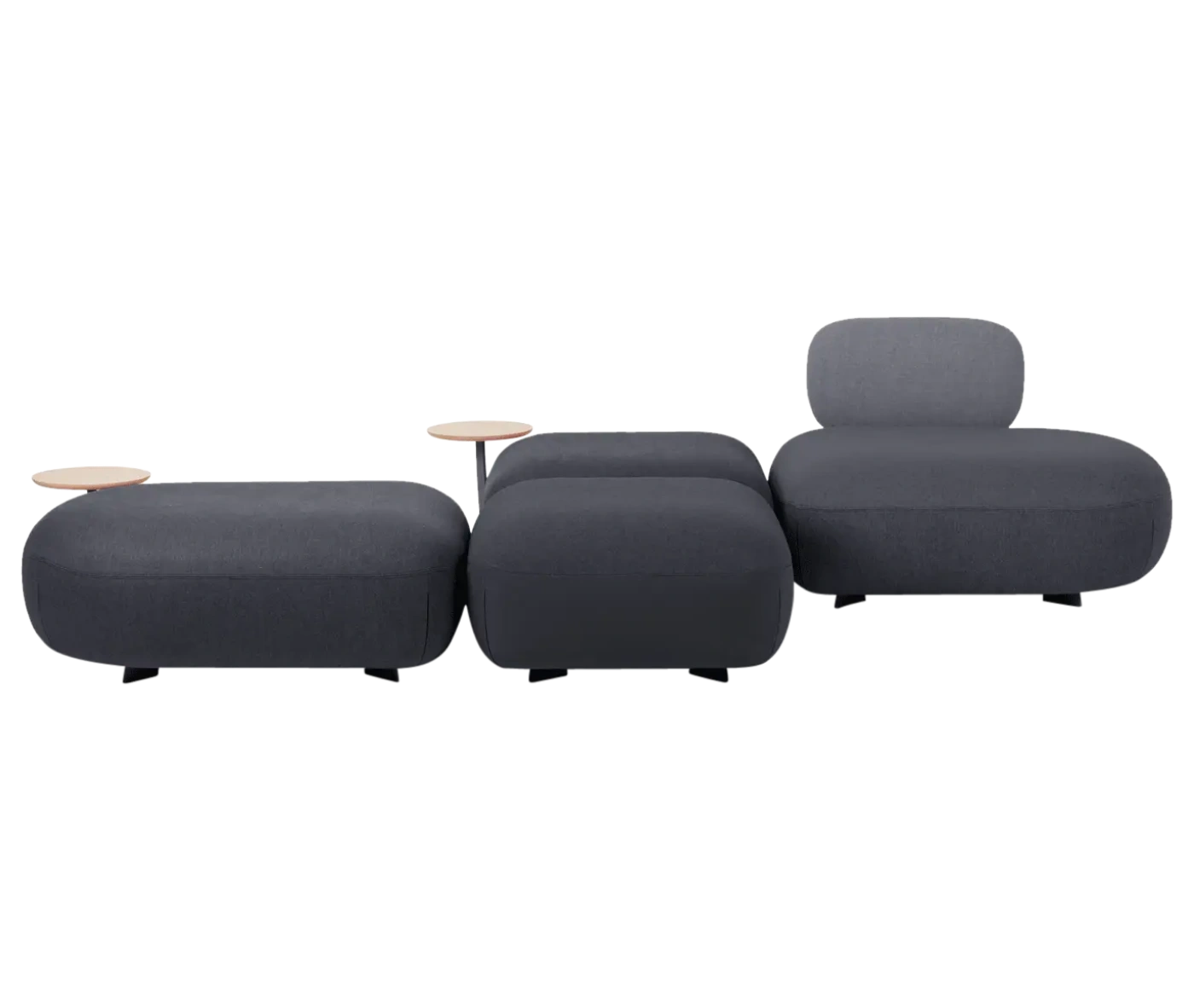 True Code modular seating with a rounded upholstered seat and integrated table on a curved frame.