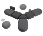 Top view of True Code modular seating with a rounded upholstered seat and integrated table on a curved frame.