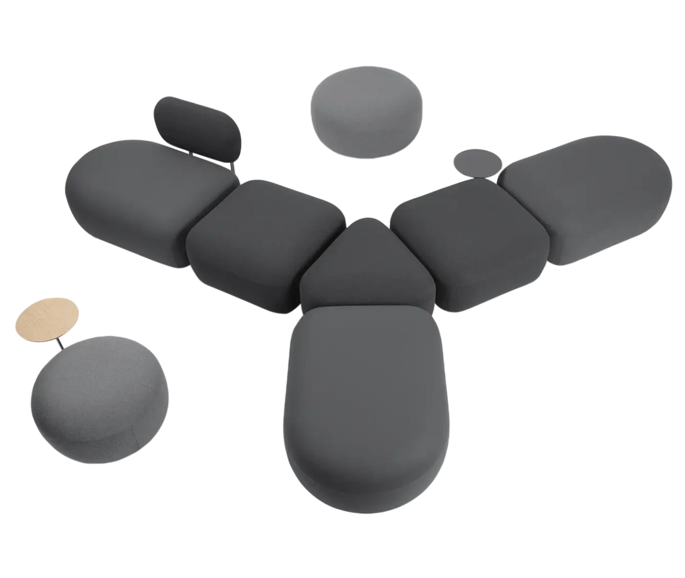 Top view of True Code modular seating with a rounded upholstered seat and integrated table on a curved frame.