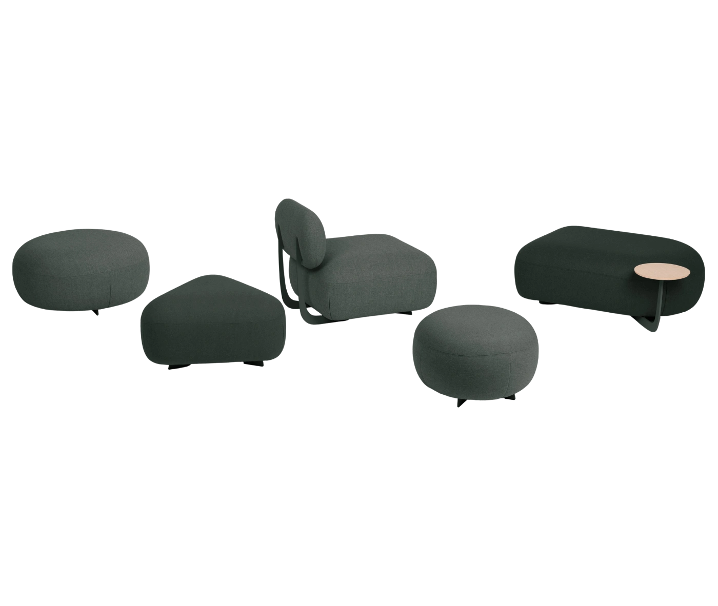 True Code modular seating with a rounded upholstered seat, backrest, and integrated table.