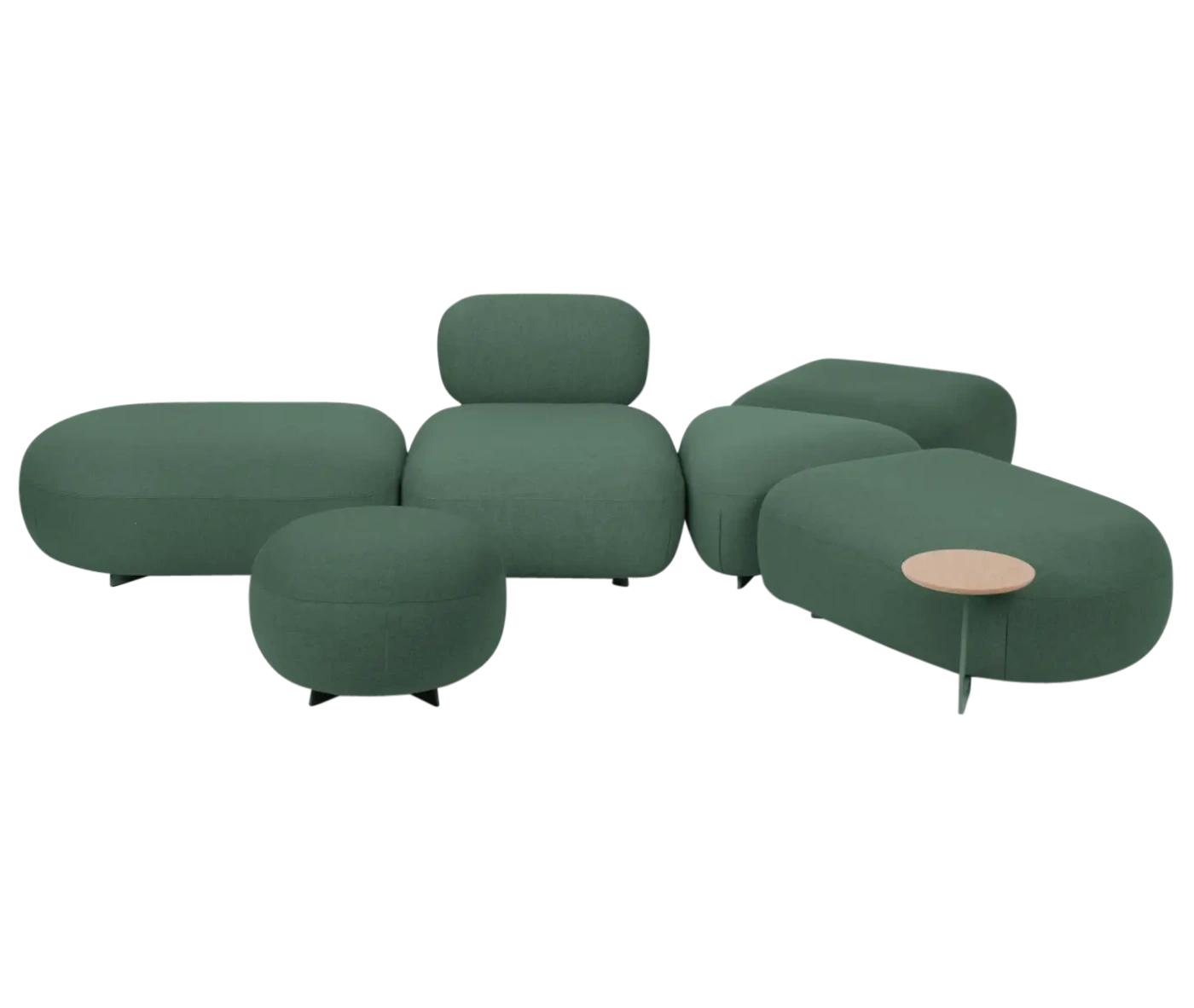 True Code modular seating with green upholstery, soft rounded forms and an integrated side table.
