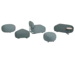 True Code modular seating with upholstery in different shades of green and rounded forms in various shapes.