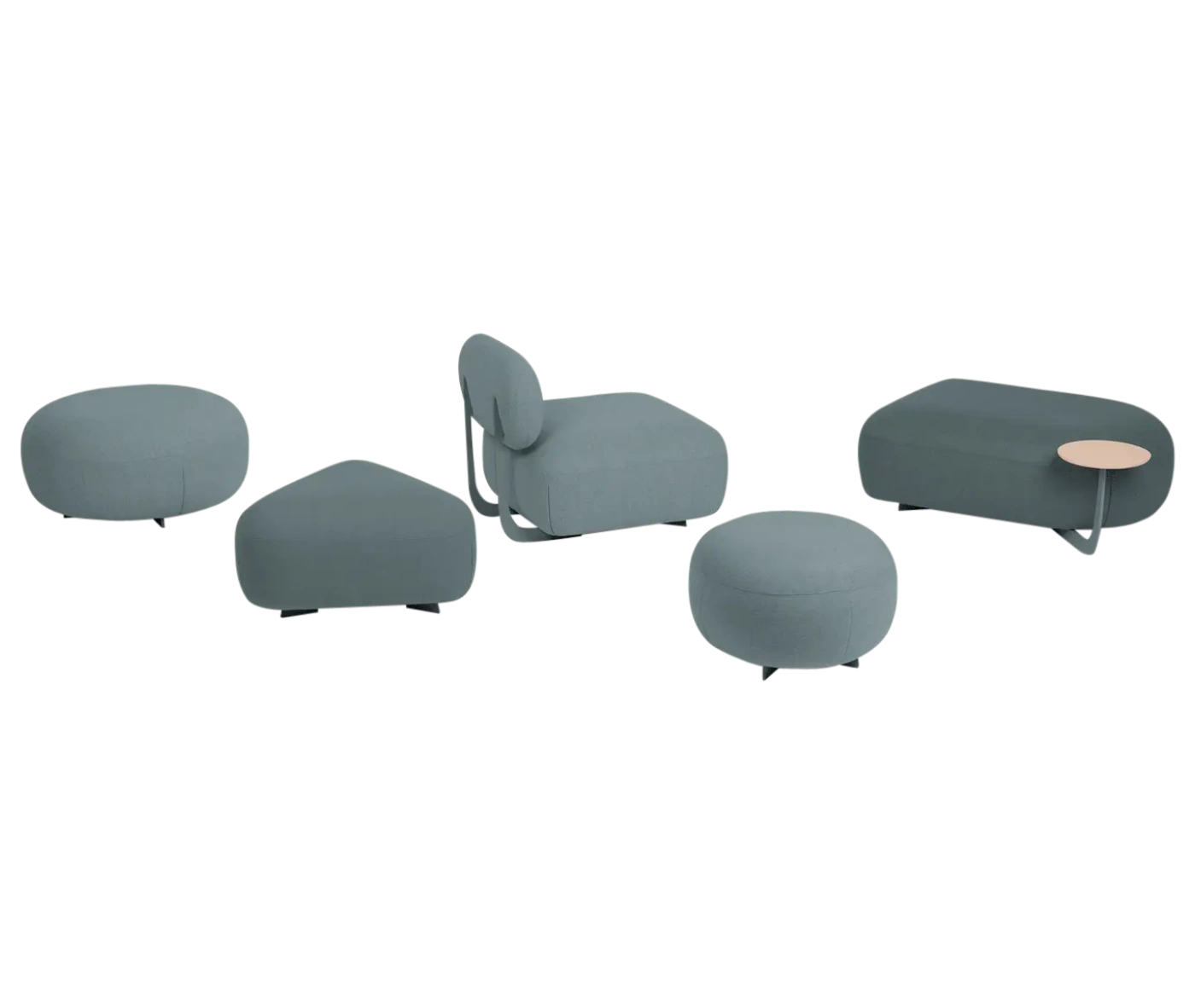 True Code modular seating with upholstery in different shades of green and rounded forms in various shapes.