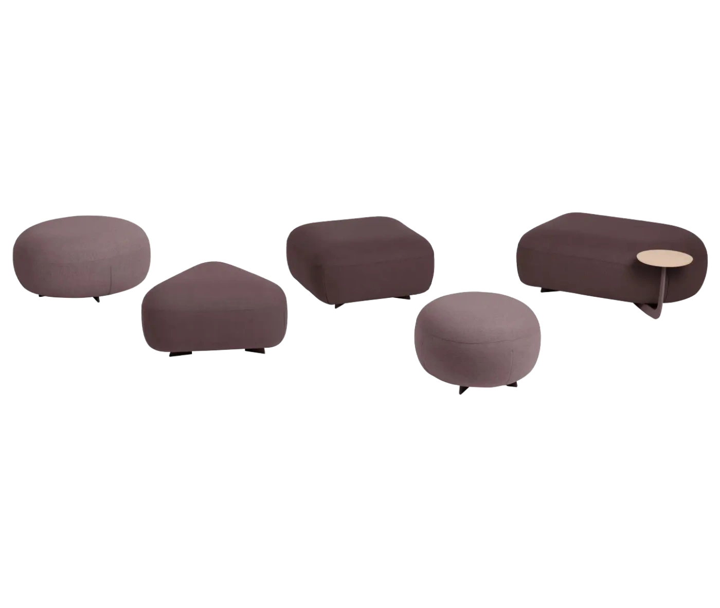 True Code modular seating with upholstery in different shades of burgundy and rounded forms in various shapes.