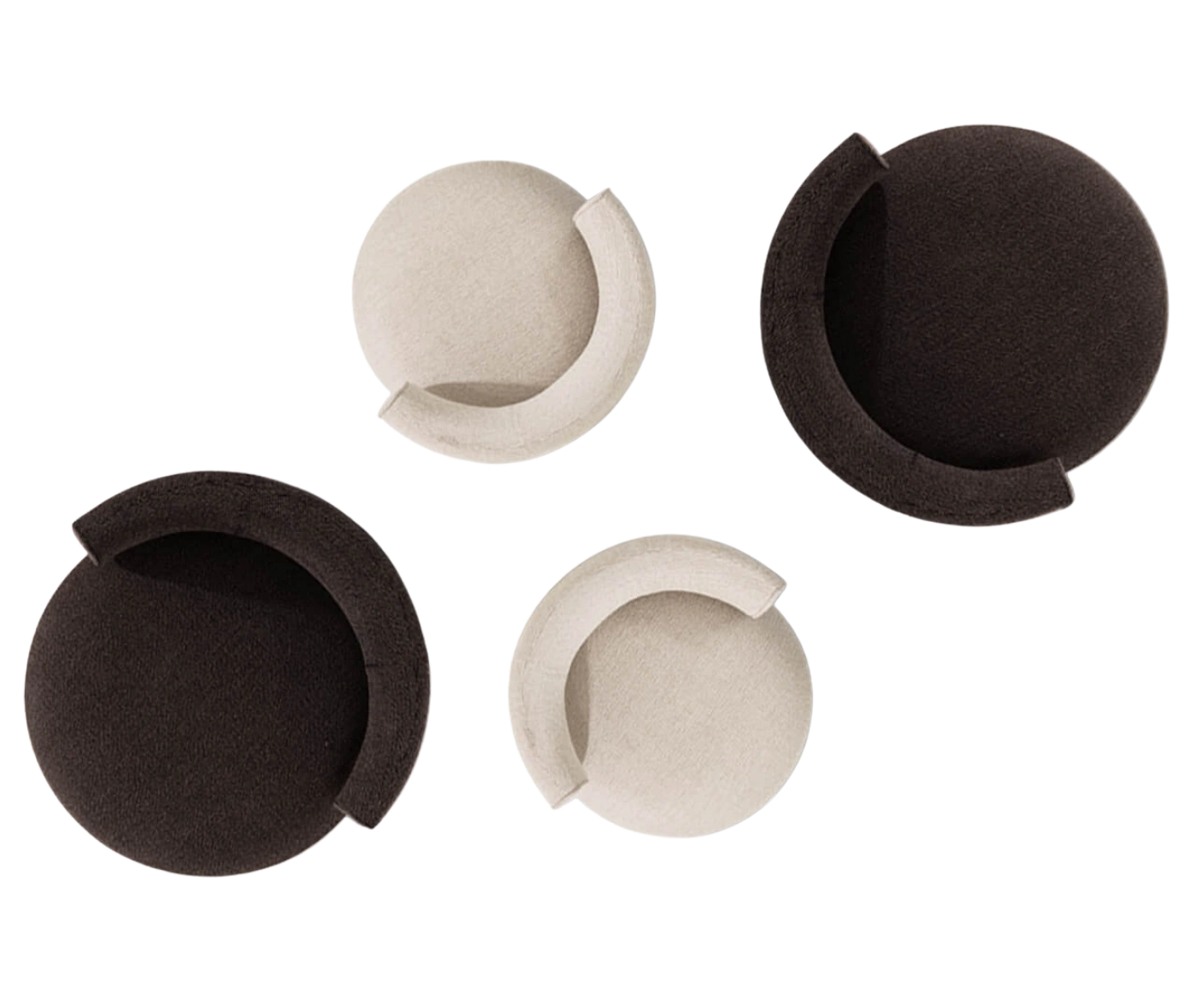 True Code lounge chairs, top view with assorted upholstery, a rounded seat and curved patterned backrest.