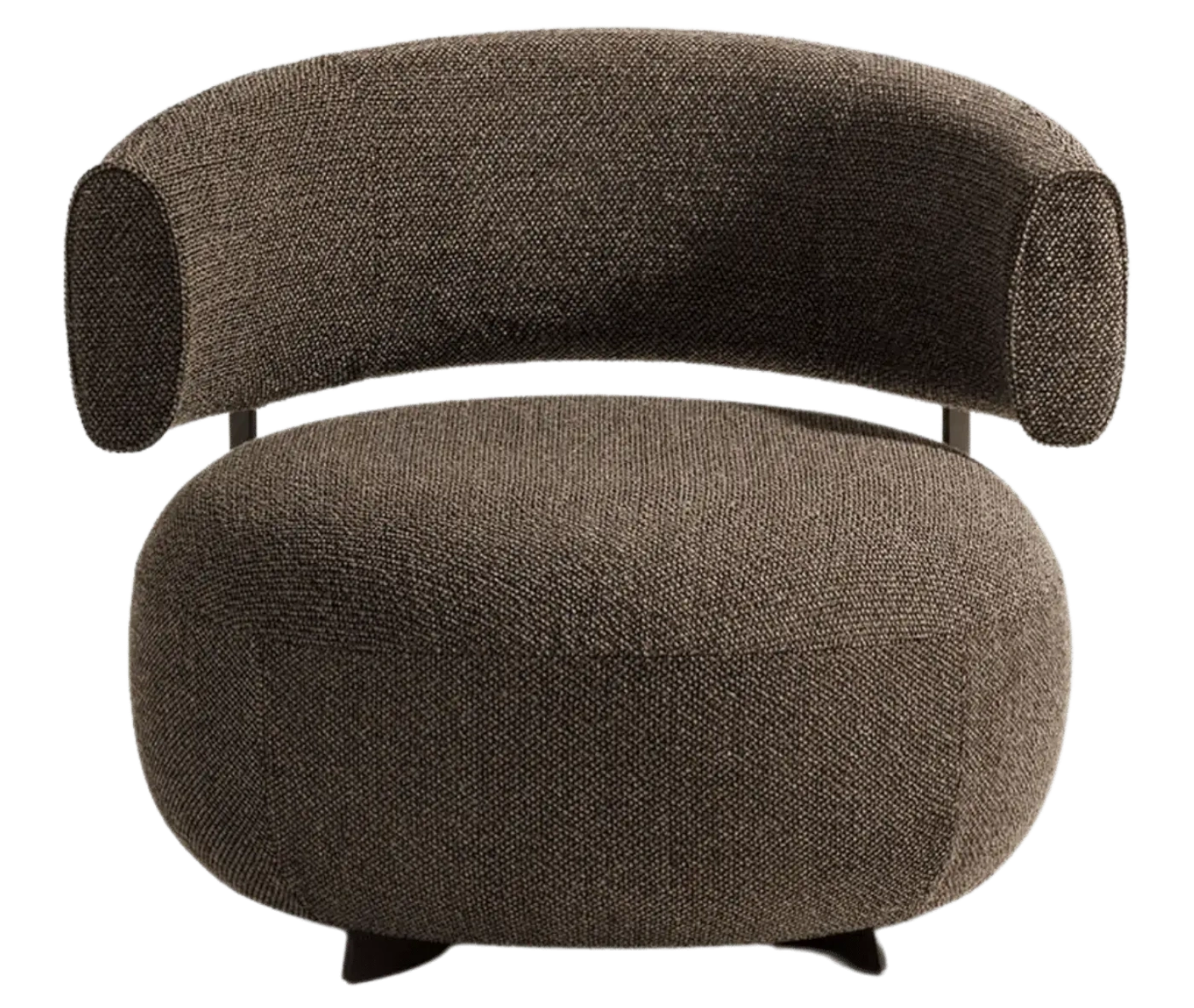 True Code lounge chair with textured brown upholstery, a rounded seat and curved backrest.