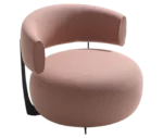 True Code lounge chair with light pink upholstery, a rounded seat and curved backrest.