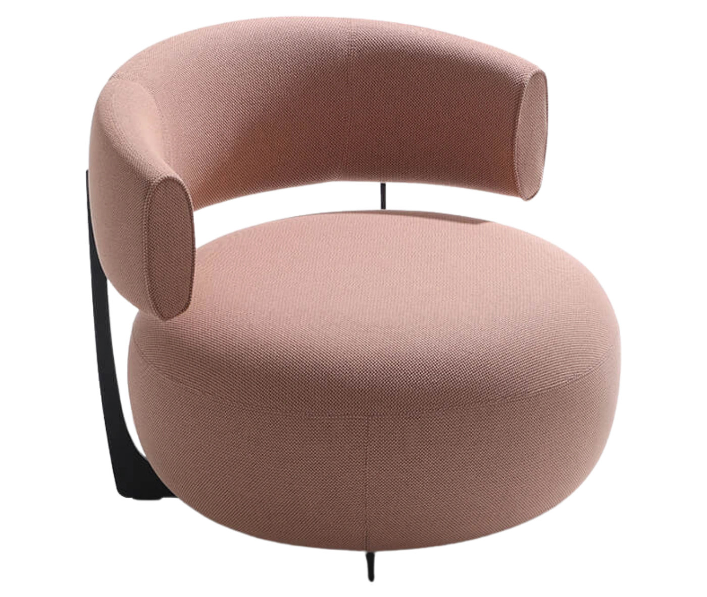 True Code lounge chair with light pink upholstery, a rounded seat and curved backrest.