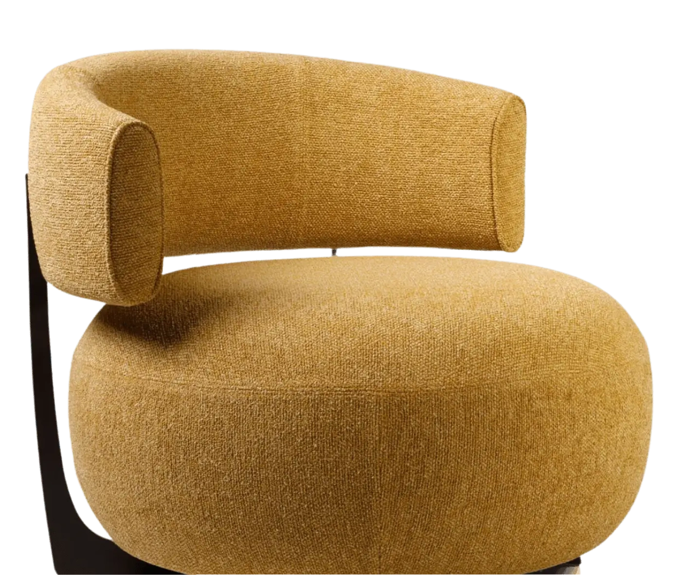 True Code lounge chair with mustard yellow upholstery, a rounded seat and curved backrest.