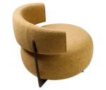 True Code lounge chair, angled back view with mustard yellow upholstery, a rounded seat and curved backrest.