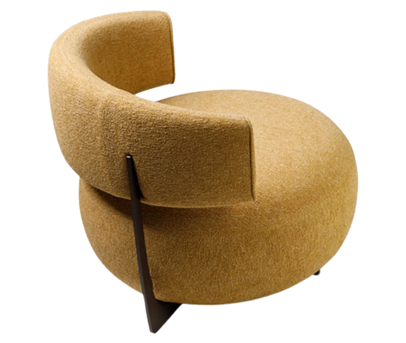 True Code lounge chair, angled back view with mustard yellow upholstery, a rounded seat and curved backrest.