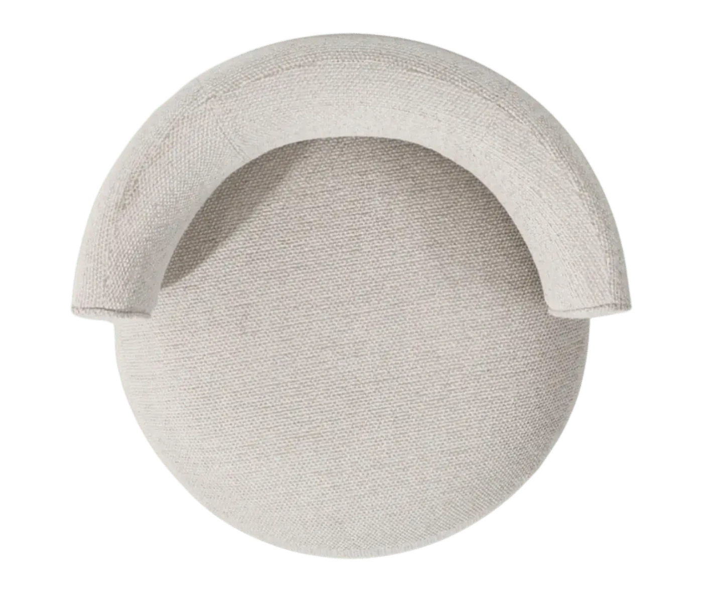 Top view of True Code lounge chair with white upholstery, a rounded seat and curved backrest.