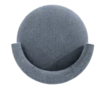 Top view of True Code lounge chair with denim blue upholstery, a rounded seat and curved backrest.