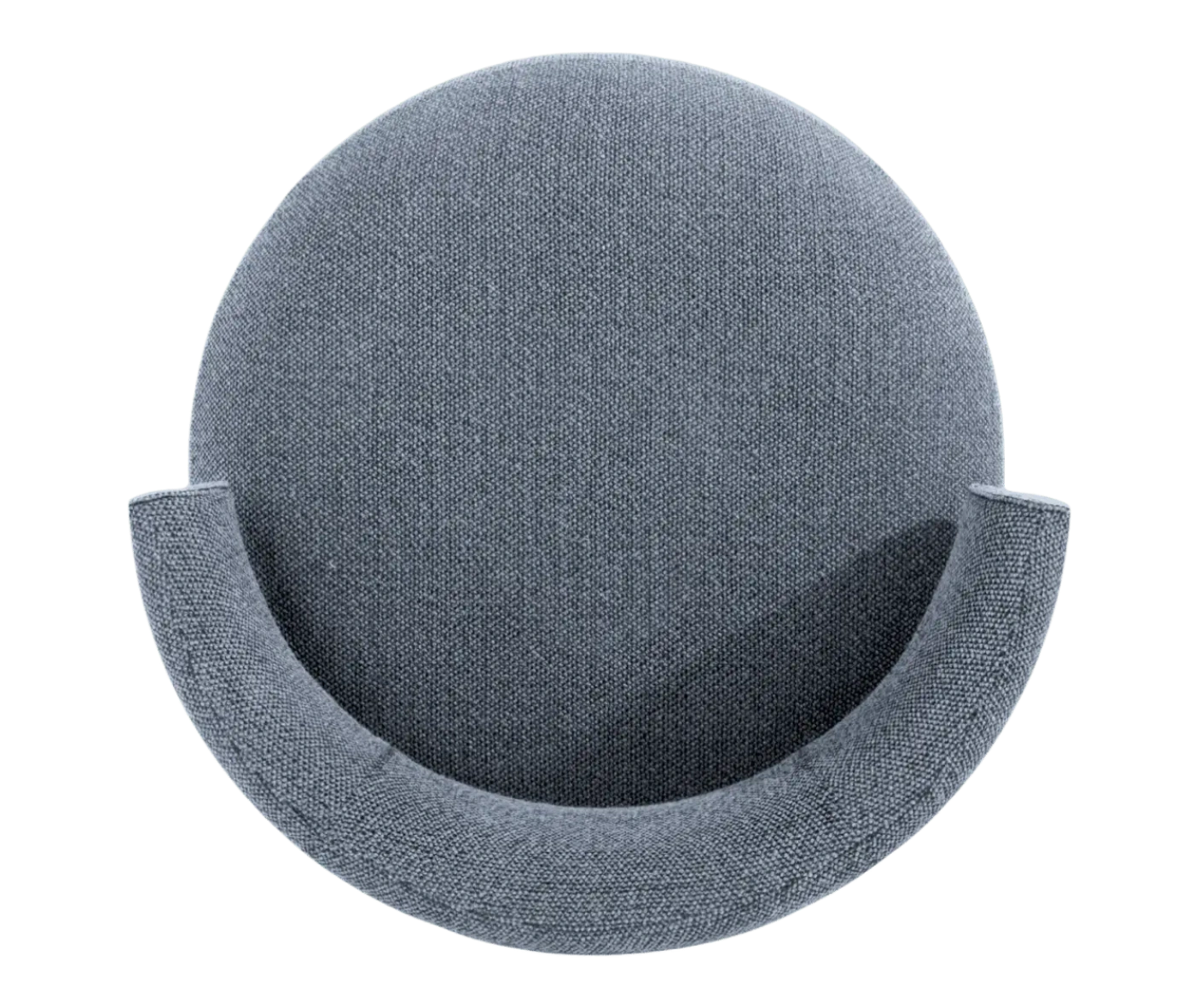 Top view of True Code lounge chair with denim blue upholstery, a rounded seat and curved backrest.