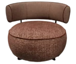 True Code lounge chair, front view with textured rust upholstery, a rounded seat and curved patterned backrest.
