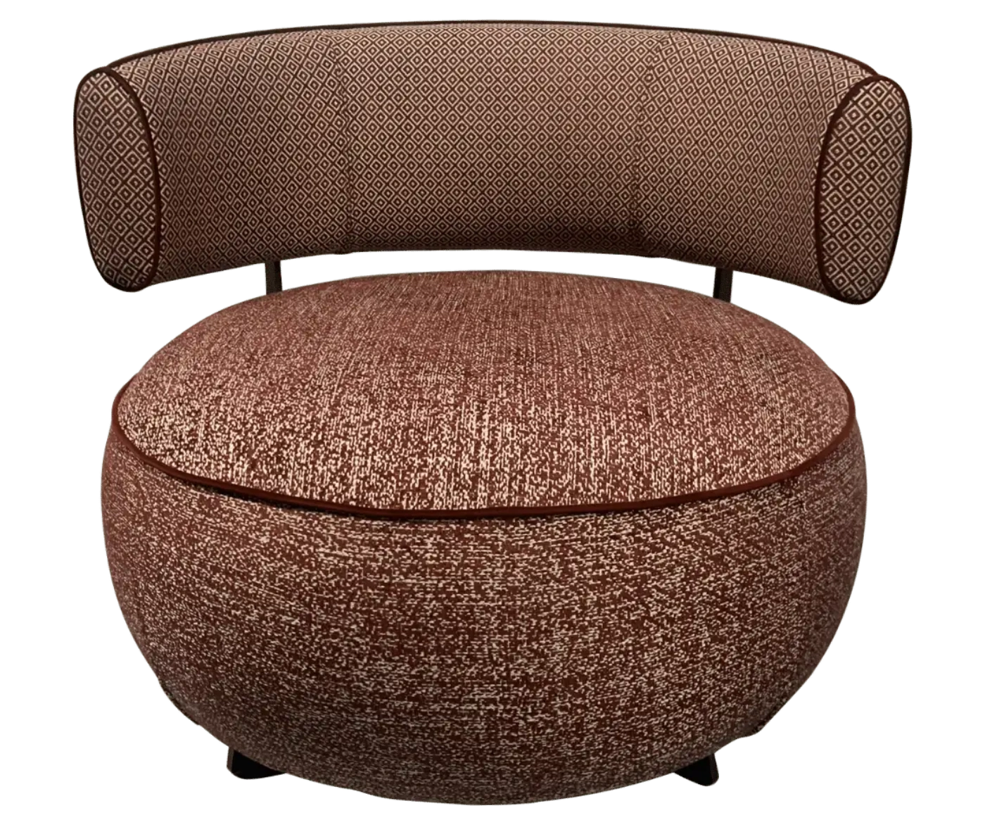 True Code lounge chair, front view with textured rust upholstery, a rounded seat and curved patterned backrest.