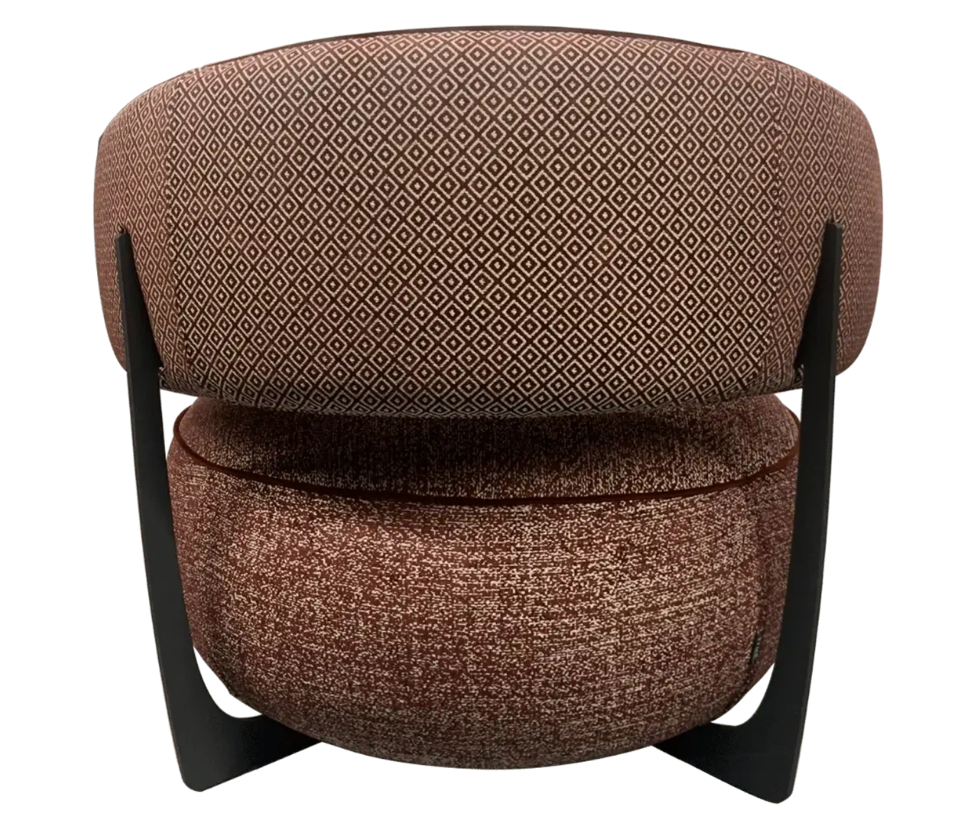 True Code lounge chair, back view with textured rust upholstery, a rounded seat and curved patterned backrest.