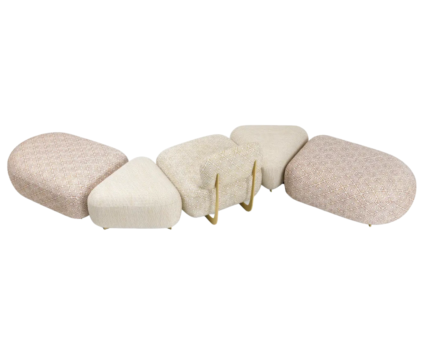 True Code modular seating with soft rounded forms and patterned upholstery in various shapes.