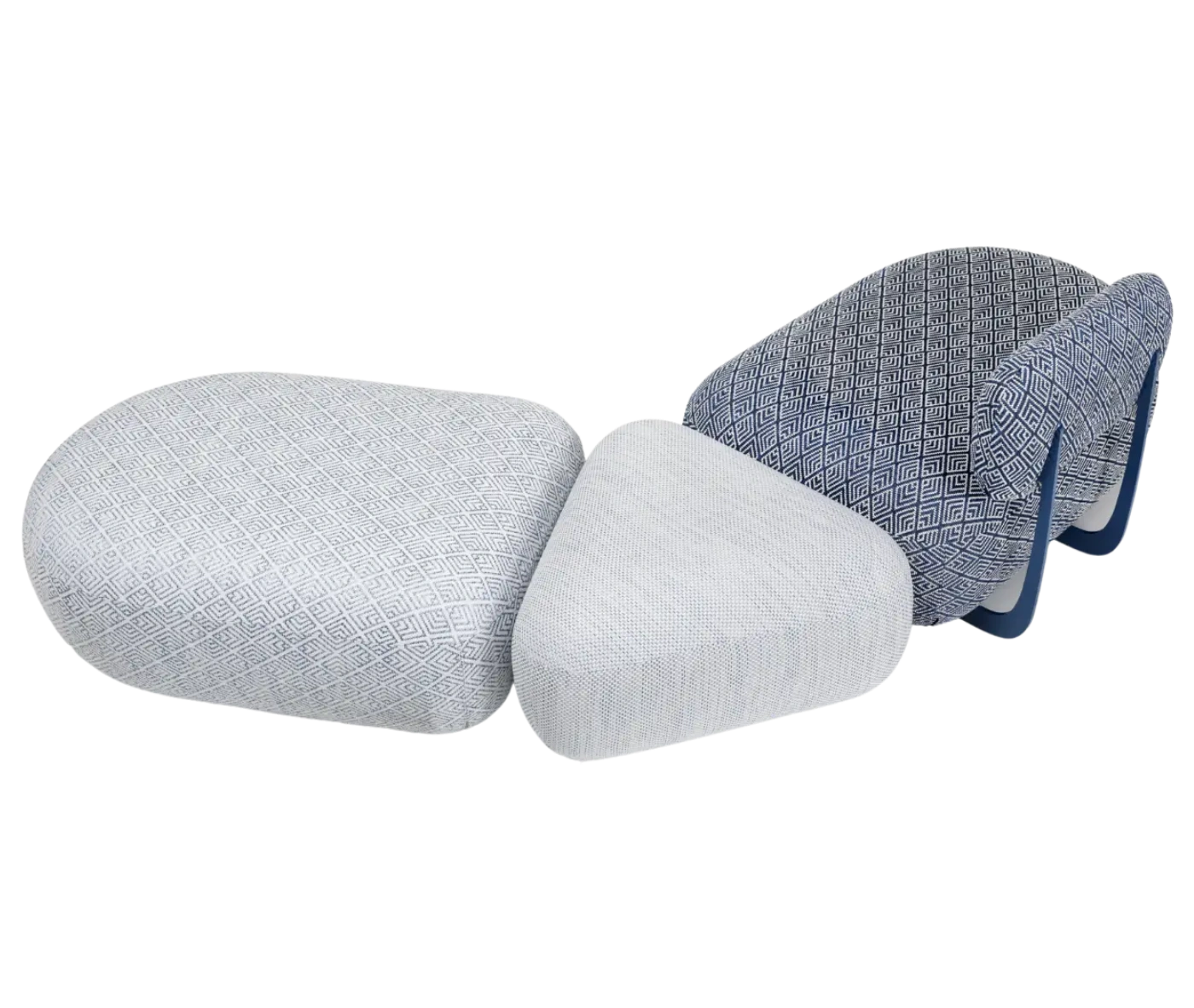 True Code modular seating system with patterned white and blue upholstery and a soft rounded form.