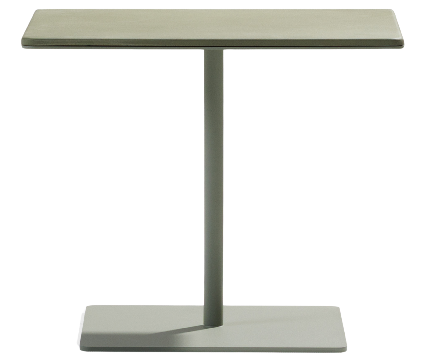 True Cremino side table in front view, with slim rectangular top and central pedestal base.
