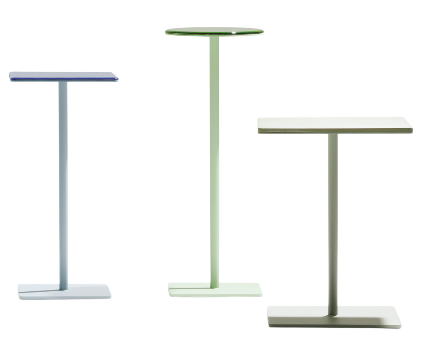 True Creminotables in front view with rectangular and round tops in assorted finishes.