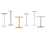 True Cremino tables lined up in different heights, finishes, and round or rectangular tops.