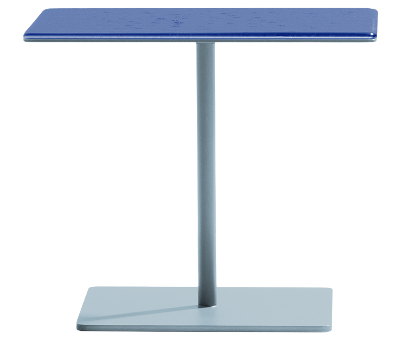True Cremino side table with blue glass top and central pedestal base.