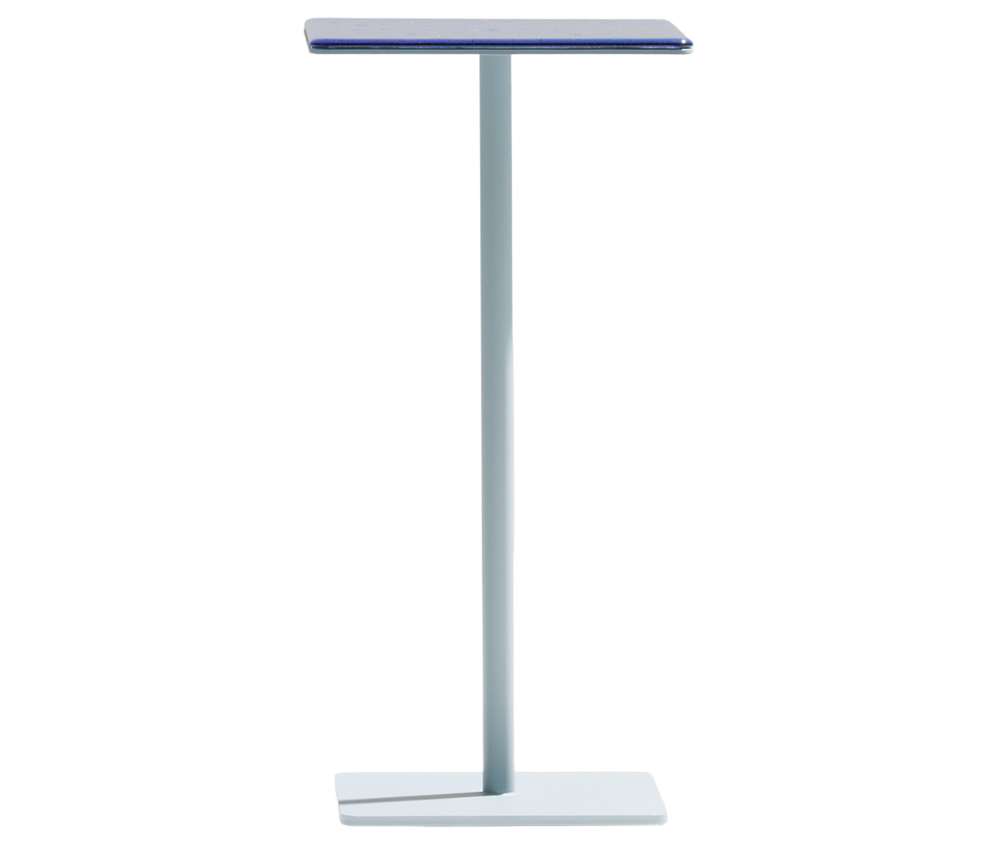 True Cremino side table with blue glass top and elongated pedestal base.