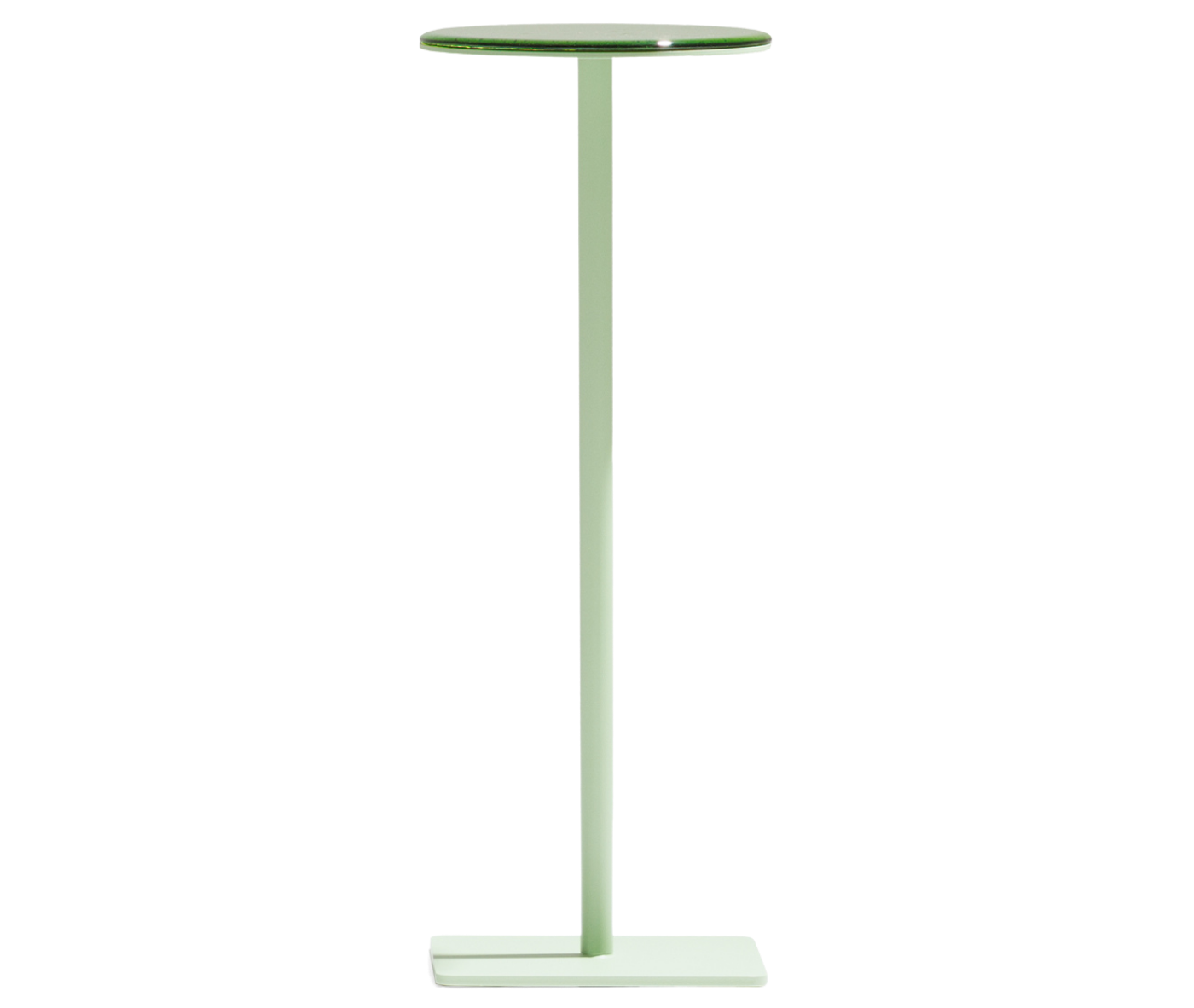True Cremino side table with green rounded glass top and elongated pedestal base.