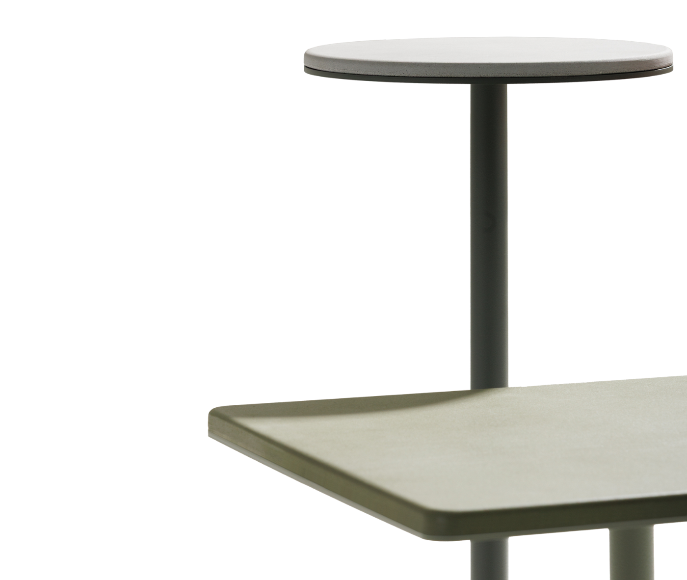 Detail of True Cremino tables with round and rectangular tops in different sizes with monochrome finish.