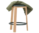 True Cute stool with a dark leather upholstered seat, timber legs and a circular footrest, with fabric draped over the seat.