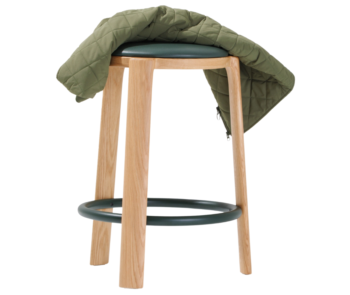 True Cute stool with a dark leather upholstered seat, timber legs and a circular footrest, with fabric draped over the seat.