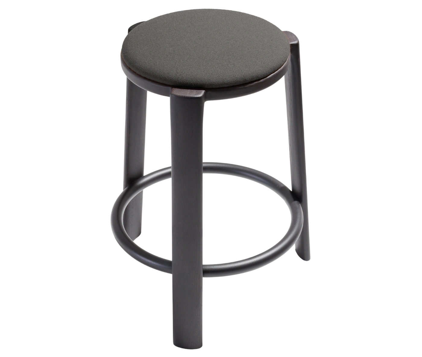 True Cute stool shown from a high angle with a dark upholstered seat and circular footrest.