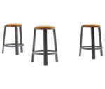 True Cute stools with orange upholstered seats, timber legs and circular footrests.