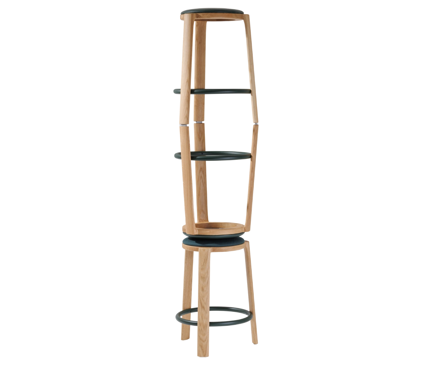 True Cute stools shown stacked vertically, highlighting their stackable design and compact storage.