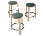 True Cute stools in dark upholstered seats, timber legs, and circular footrests.