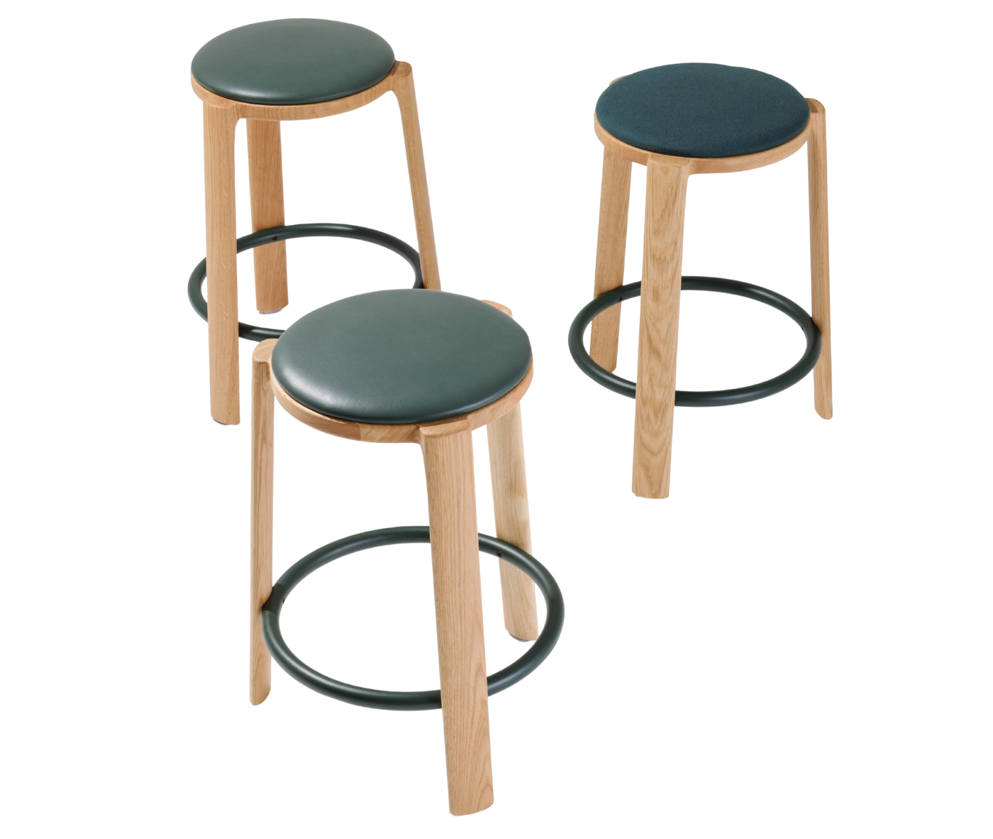 True Cute stools in dark upholstered seats, timber legs, and circular footrests.