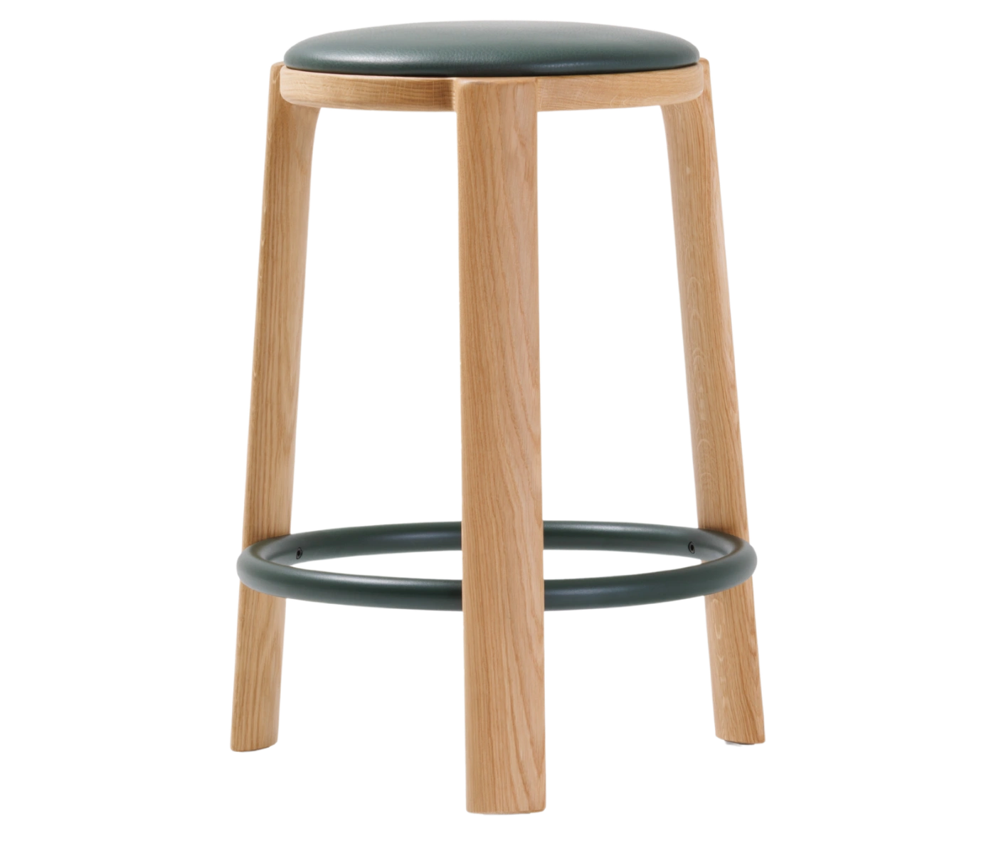 True Cute stool with a dark leather upholstered seat, timber legs and a circular footrest.