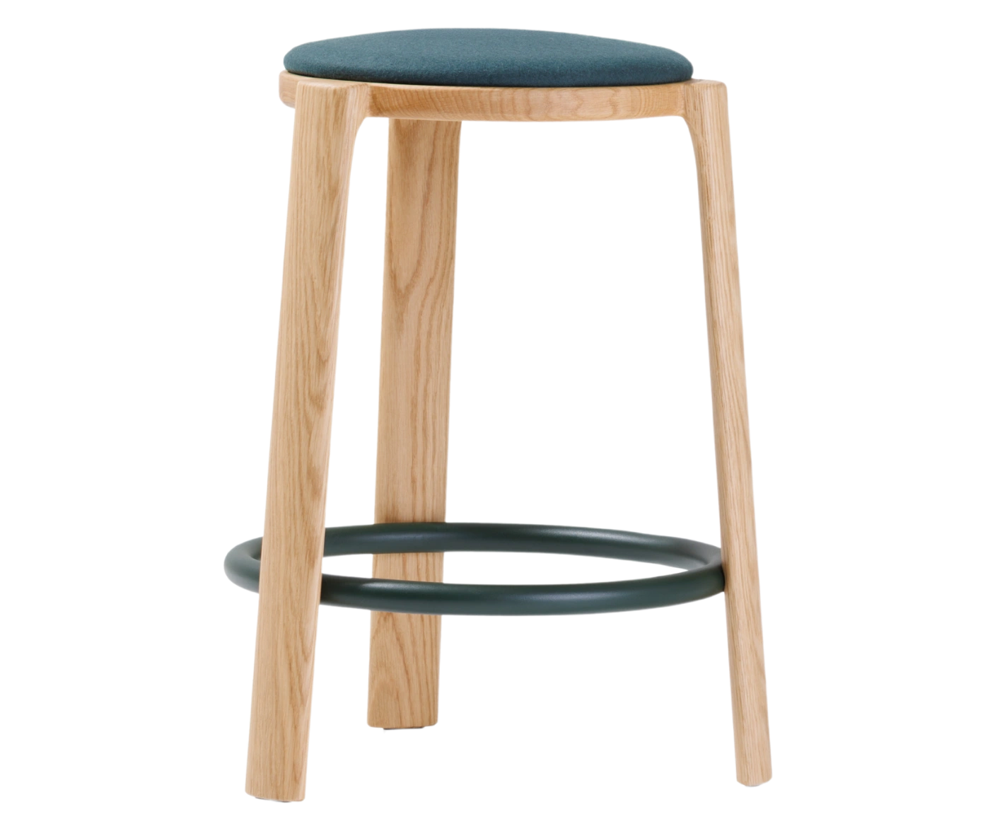 True Cute stool with a dark upholstered seat, timber legs and a circular footrest.