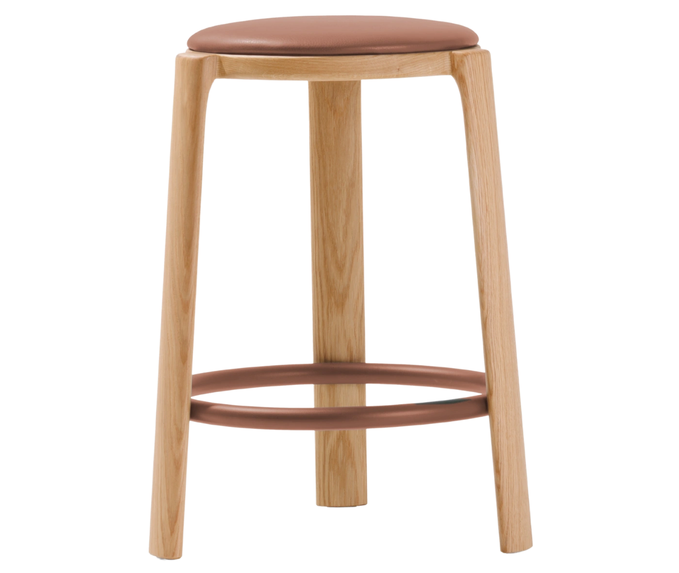 True Cute stool with a brown leather upholstered seat, timber legs and a circular footrest.