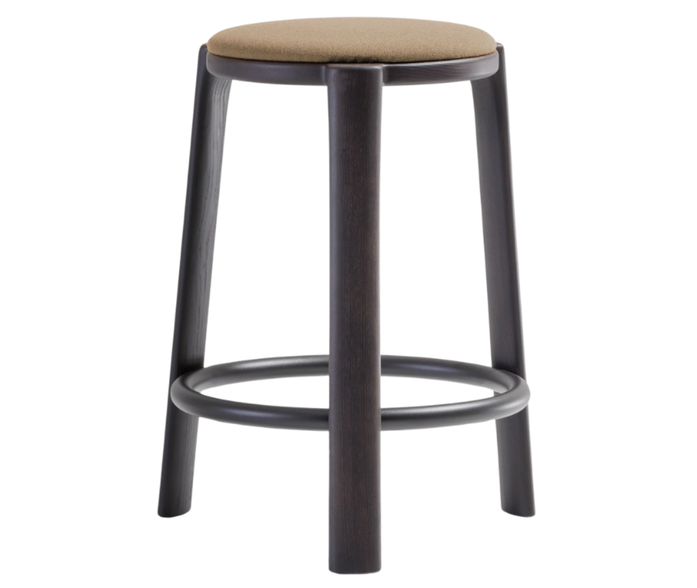 True Cute stool with a brown upholstered seat, dark timber legs and a circular footrest.