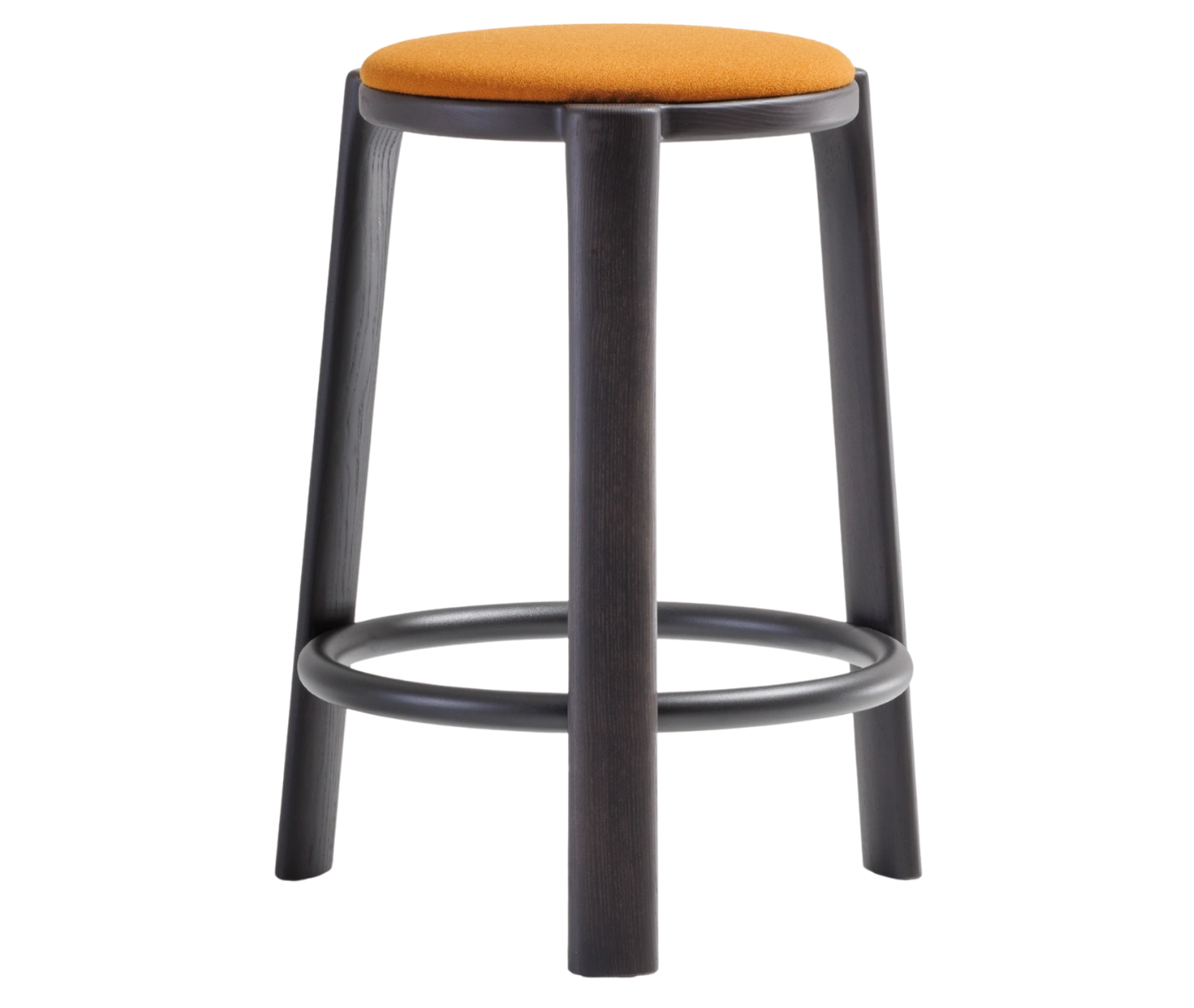 True Cute stool with orange upholstered seat, dark timber legs and a circular footrest.
